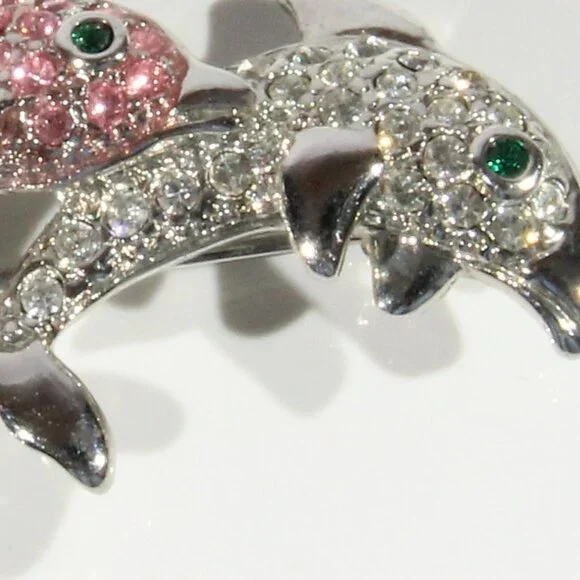 Vintage Silver-Tone Dolphin Brooch with Pink, Clear, & Green Rhinestones - Picture 4 of 5